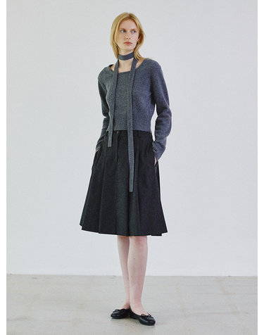 Pleats wool mid skirt_CHARCOAL