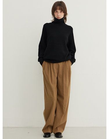 Wool Blend Wide Pleated Slacks_CARAMEL
