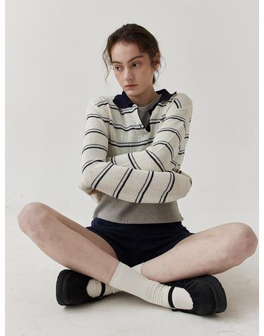 Stripe collar linen knit_NAVY