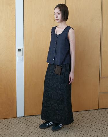 Tweed drawstring long skirt_BLACK