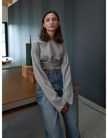 Loose fit wrap long sleeve t-shirts_M/GREY