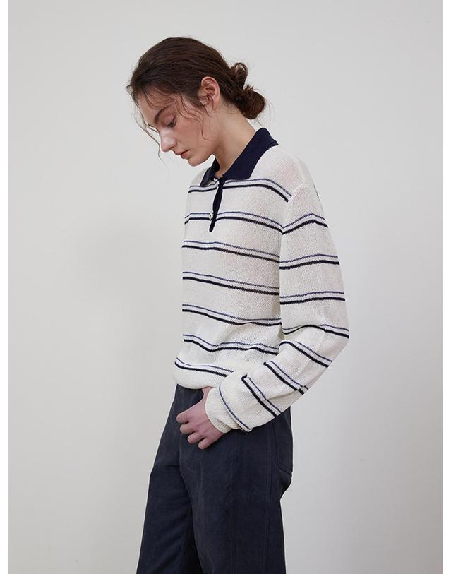 스텝어라운드 Stripe collar linen knit_NAVY 네이비 착용컷