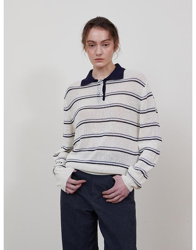 스텝어라운드 Stripe collar linen knit_NAVY 네이비 착용컷