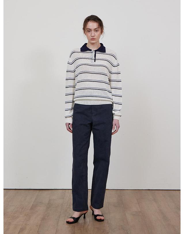 스텝어라운드 Stripe collar linen knit_NAVY 네이비 착용컷