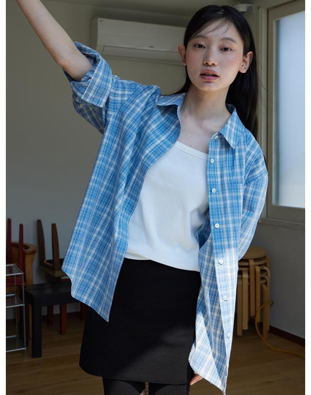 스텝어라운드 Soft cotton washing check shirts_BLUE 블루 착용컷