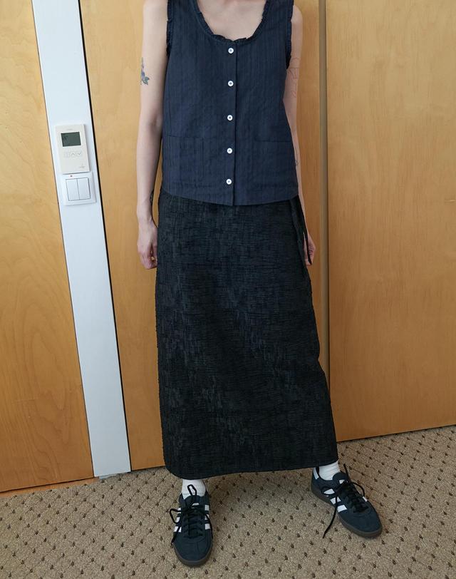 스텝어라운드 Tweed drawstring long skirt_BLACK 블랙 착용컷