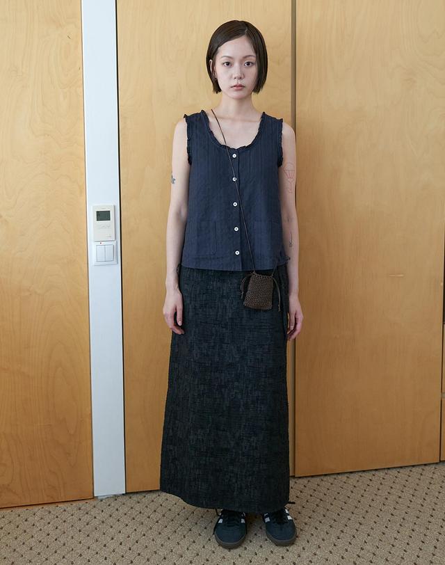 스텝어라운드 Tweed drawstring long skirt_BLACK 블랙 착용컷