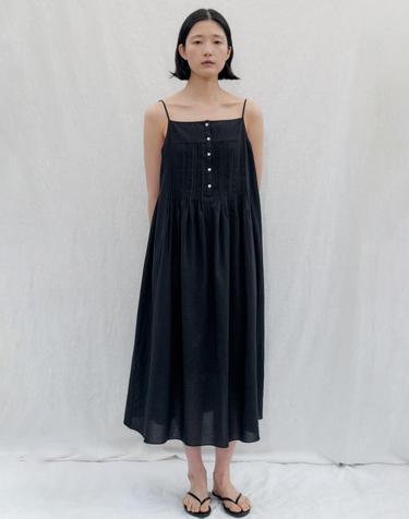Pintuck Button Slip Dress_BLACK