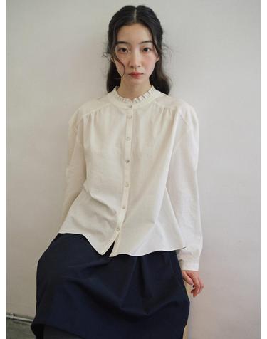 Ruffle Shirring Cotton Blouse_CREAM
