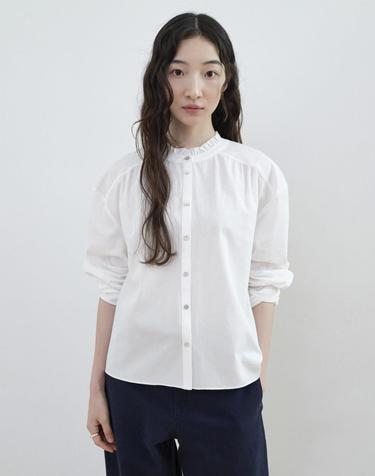 Ruffle Shirring Cotton Blouse_WHITE