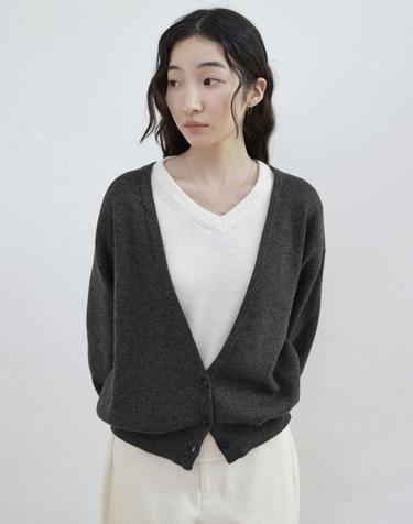 Superfine Wool Deep V-Neck Cardigan_CHARCOAL