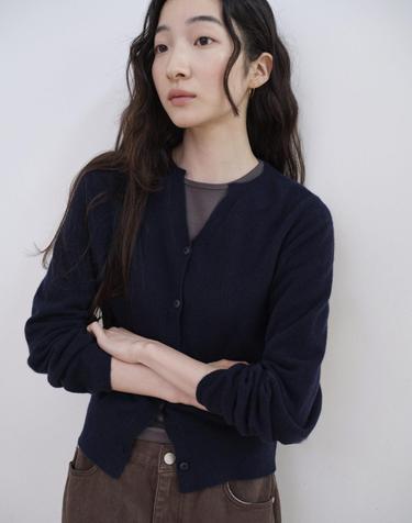 Cashmere whole garment round cardigan_NAVY