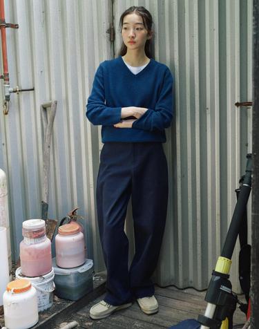 Cotton Stretch Curved Pants_NAVY