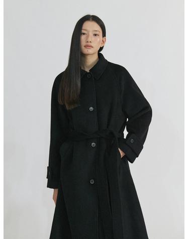 Merino Wool Balmacaan Loose Fit Belted Coat_BLACK