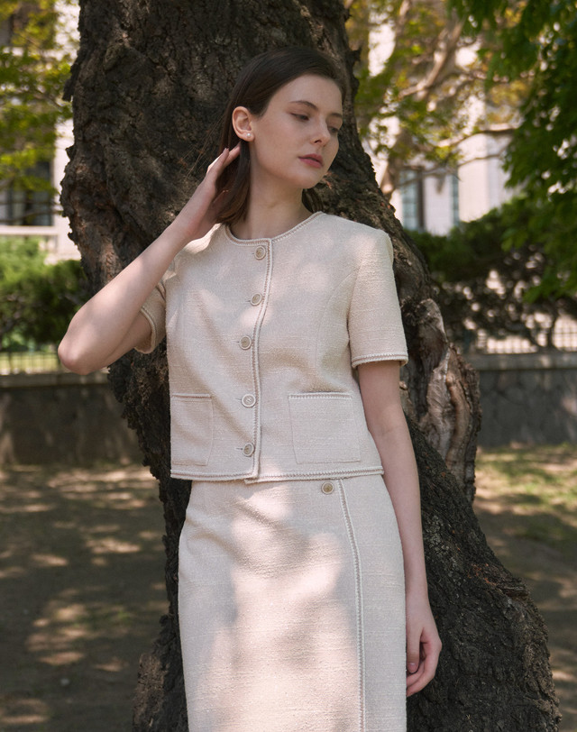 엠므 Ines Tweed Jacket_Light Pink 착용컷
