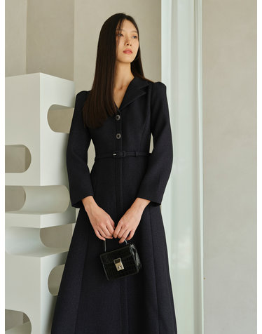 VIOLETTA Tailored Collar Tweed Dress_navy