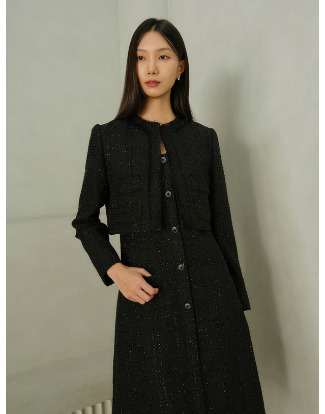 엠므 JANE Long sleeve Fringe Tweed Cropped Jacket_black 블랙 착용컷