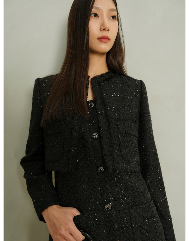 엠므 JANE Long sleeve Fringe Tweed Cropped Jacket_black 블랙 착용컷
