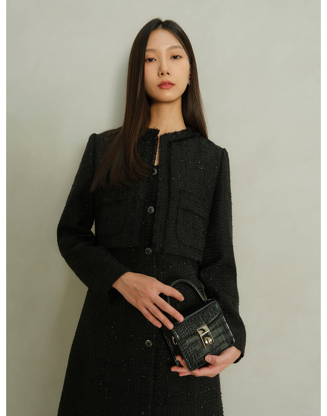 엠므 JANE Long sleeve Fringe Tweed Cropped Jacket_black 블랙 착용컷