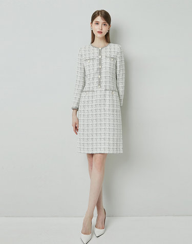 CELINA Tweed long sleeve dress_ivory