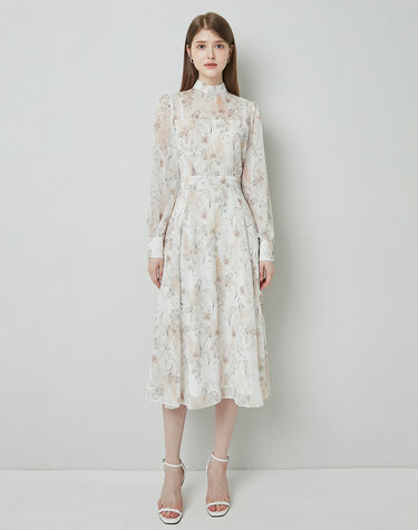 ANASTASIA Mock neck Chiffon Ribbon Tie Flared Dress_Ivory Flower