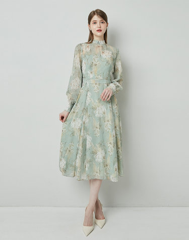 ANASTASIA Mock neck Chiffon Ribbon Tie Flared Dress_Mint Flower