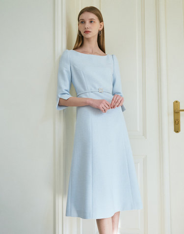 RHEA Boat neck Tweed Belted Dress_sky