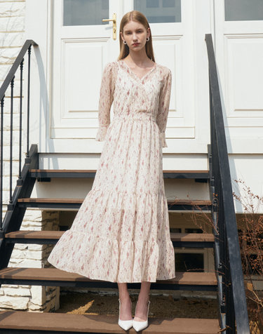 VANESSA  Vneck Flower Chiffon Tiered Dress_Ivory