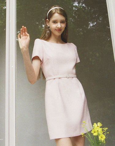 SERENA Half sleeve Boat neck Tweed Mini dress_pink