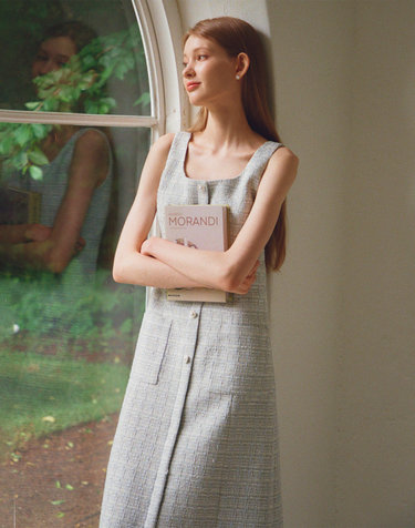 JANE U neck Sleeveless Tweed dress_sky blue