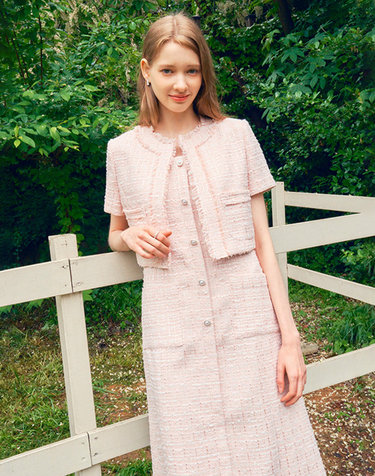JANE Half sleeve Fringe Tweed Cropped Jacket_pink