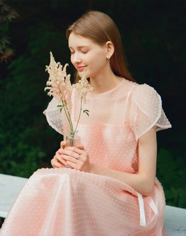 DAISY See-through Petal sleeve Lace dress_peach pink