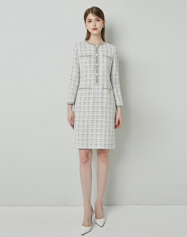 엠므 CELINA Tweed long sleeve dress_ivory 착용컷