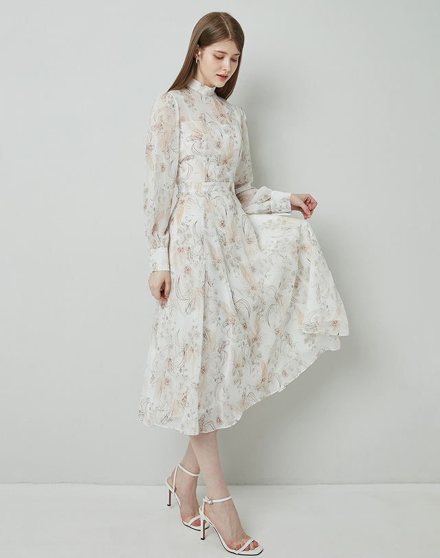 엠므 ANASTASIA Mock neck Chiffon Ribbon Tie Flared Dress_Ivory Flower 착용컷