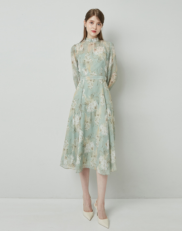 엠므 ANASTASIA Mock neck Chiffon Ribbon Tie Flared Dress_Mint Flower 착용컷