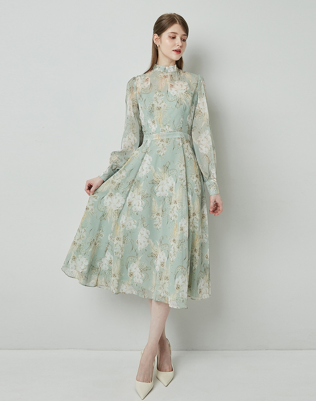 엠므 ANASTASIA Mock neck Chiffon Ribbon Tie Flared Dress_Mint Flower 착용컷