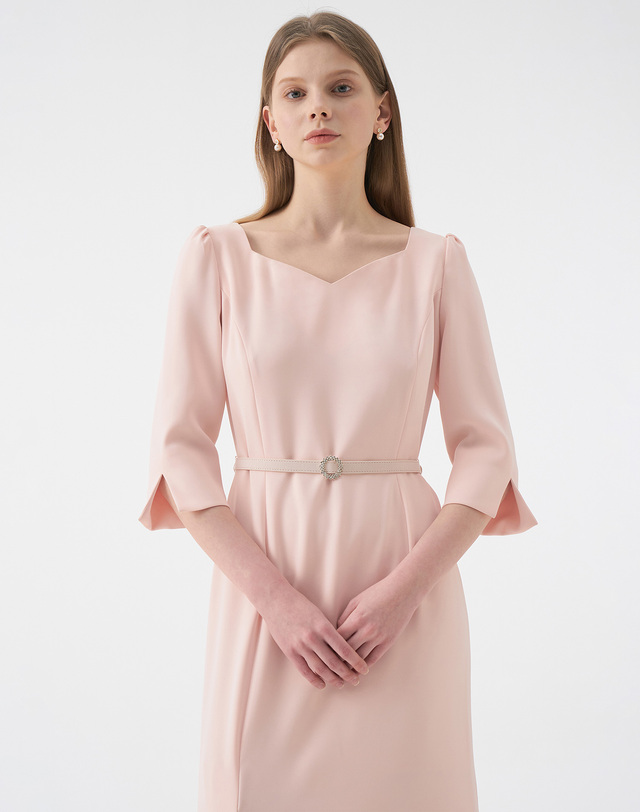 엠므 VALENTINA Heart neck Unbalanced Slit Belted Dress_Pink 착용컷