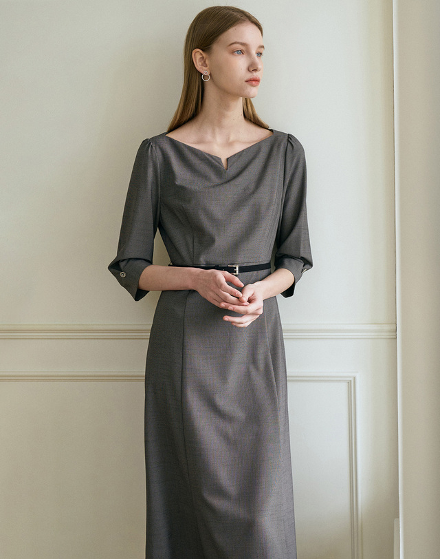 엠므 AVRIL Boat neck Semi Mermaid Belted Dress_Black 착용컷