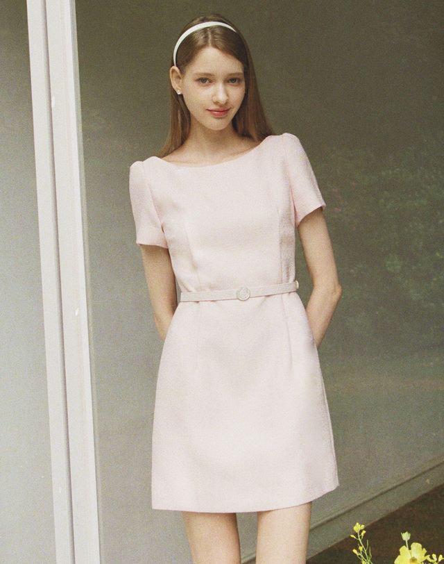 엠므 SERENA Half sleeve Boat neck Tweed Mini dress_pink 핑크 착용컷