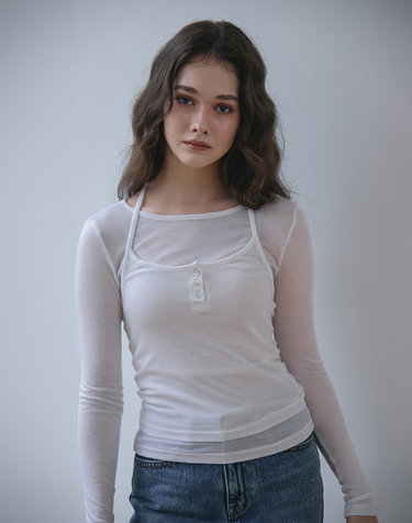 BUTTON POINT BUSTIER LAYERED T-SHIRT_WHITE