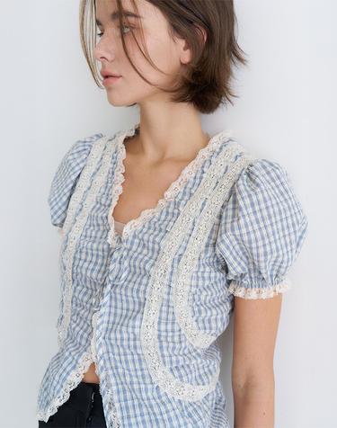 PUFF SLEEVE LACE POINT CHECK BLOUSE_BLUE