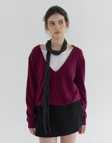 DEEP V-NECK STRING WOOL BLENDED KNIT_GRAPE