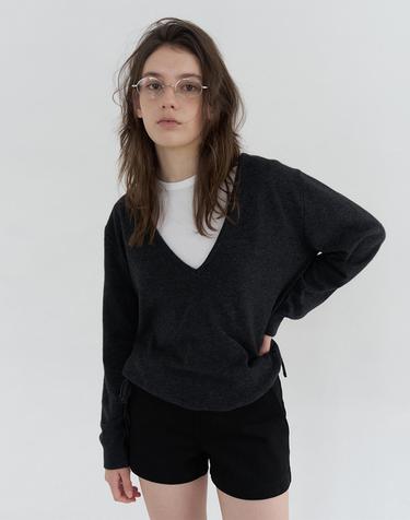 DEEP V-NECK STRING WOOL BLENDED KNIT_CHARCOAL