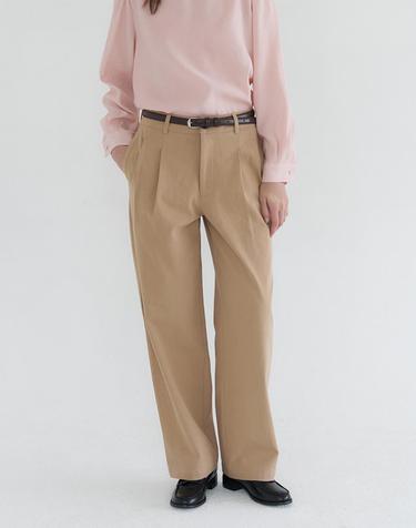 TUCK DETAIL WIDE COTTON PANTS_BEIGE