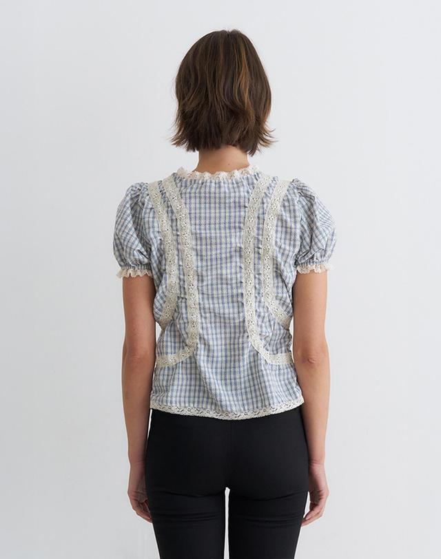 벰버 PUFF SLEEVE LACE POINT CHECK BLOUSE_BLUE 블루 착용컷