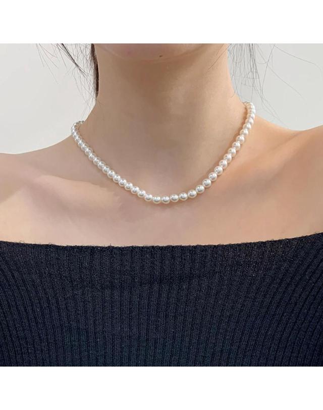 47베이지 925 실버 미니 레이어드 스와로브스키 진주목걸이 3mm 4mm 6mm 착용컷