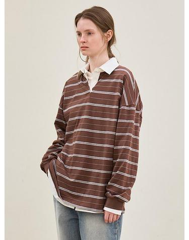 르 stripe collared T-shirt (brown)