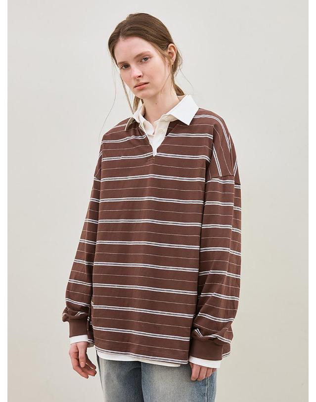 르 stripe collared T-shirt (brown) 착용컷