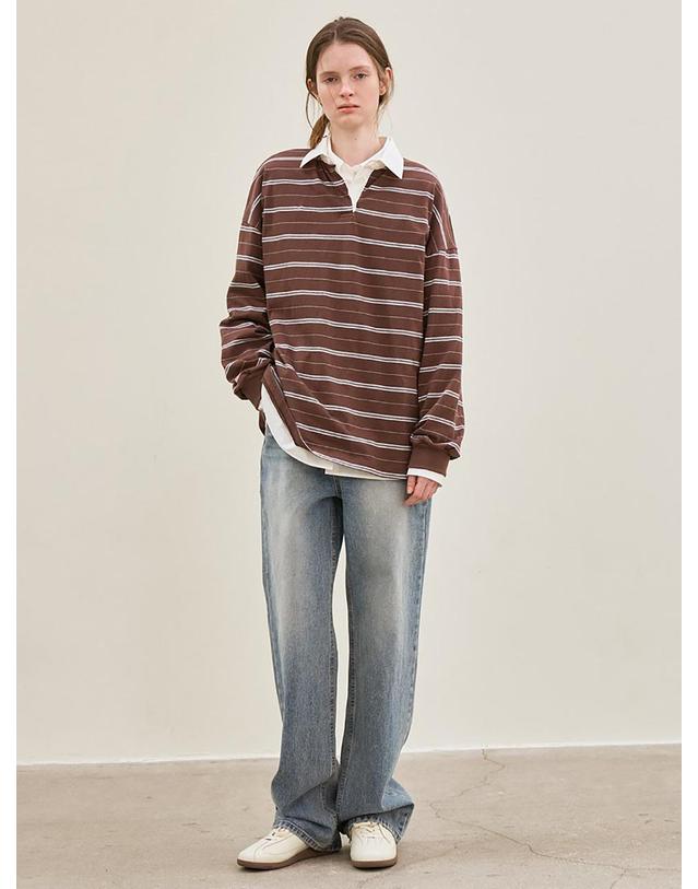 르 stripe collared T-shirt (brown) 착용컷
