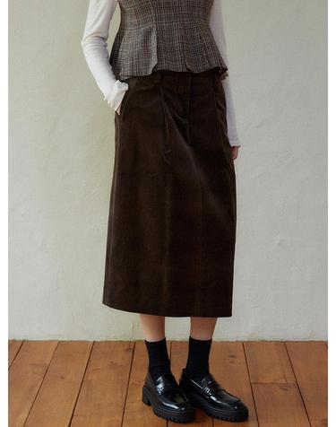 Velvet high waist pintuck skirt (brown)